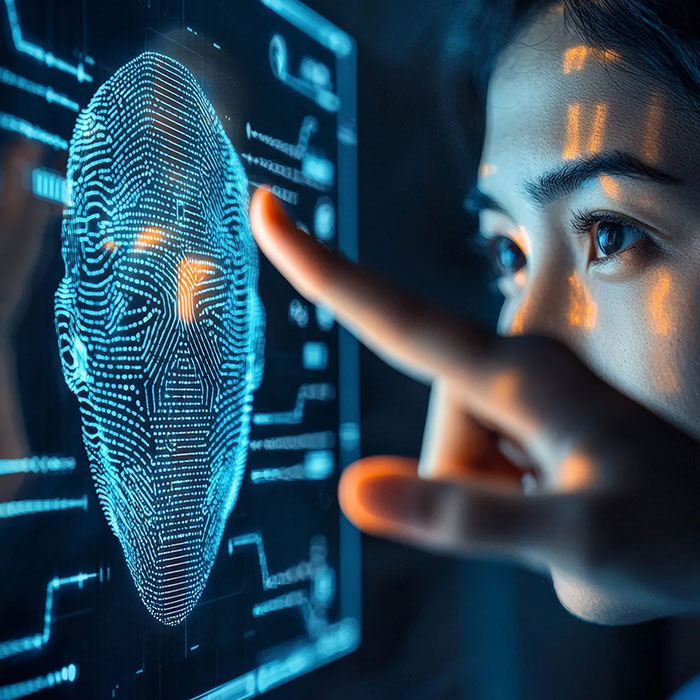 Ein Finger zeigt auf eine digitale Darstellung eines menschlichen Kopfes. Dahinter ist das Gesicht einer Frau zu sehen. 