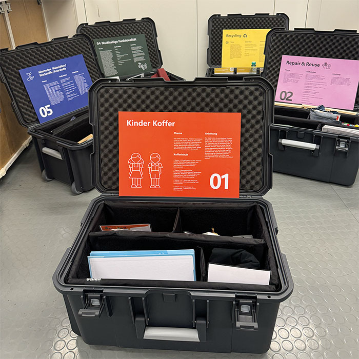 fünf große Koffer mit Inhalten zum Thema Textil