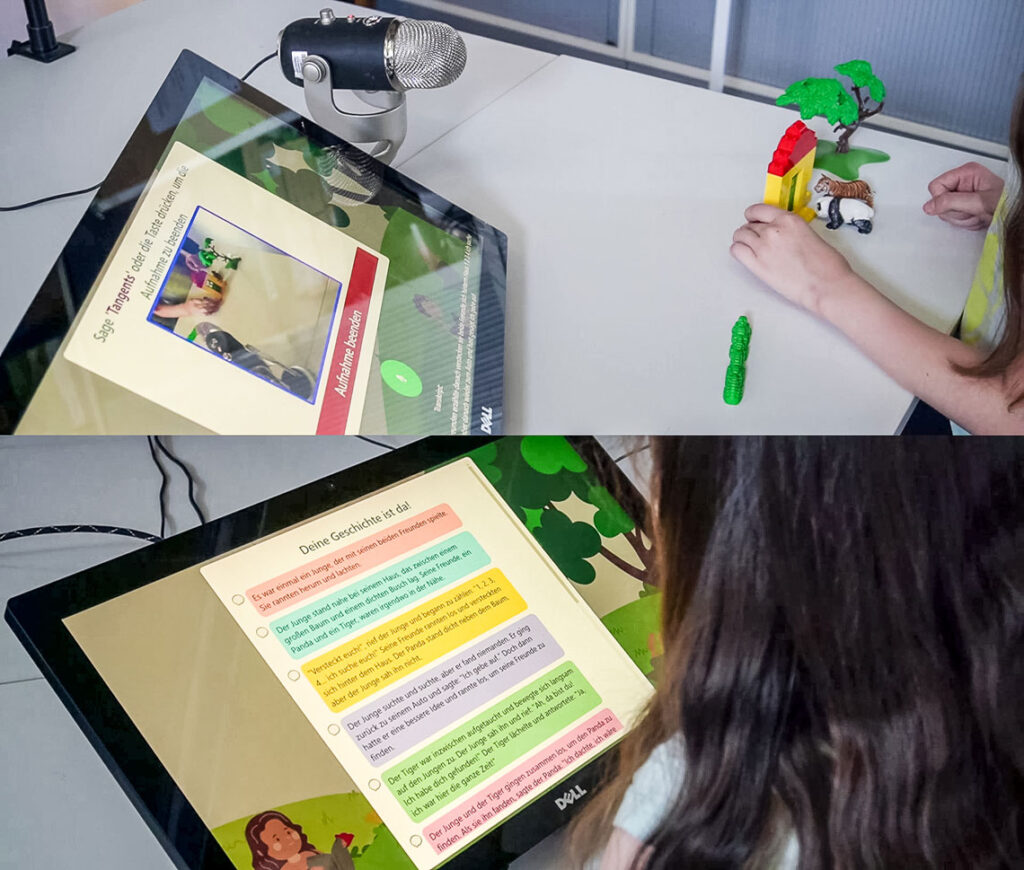 oben: Kind, das auf ein Tablet schaut und mit Spielfiguren (Tiger, Panda, Haus, Baum) auf dem Tisch spielt. Auf dem Tablet gibt es eine Aufforderung "Sage 'Tangents' oder "Aufnahme beenden" unten: Rückenansicht eines Kindes, das auf ein Tablet schaut mit bunt hinterlegten Textabschnitten.